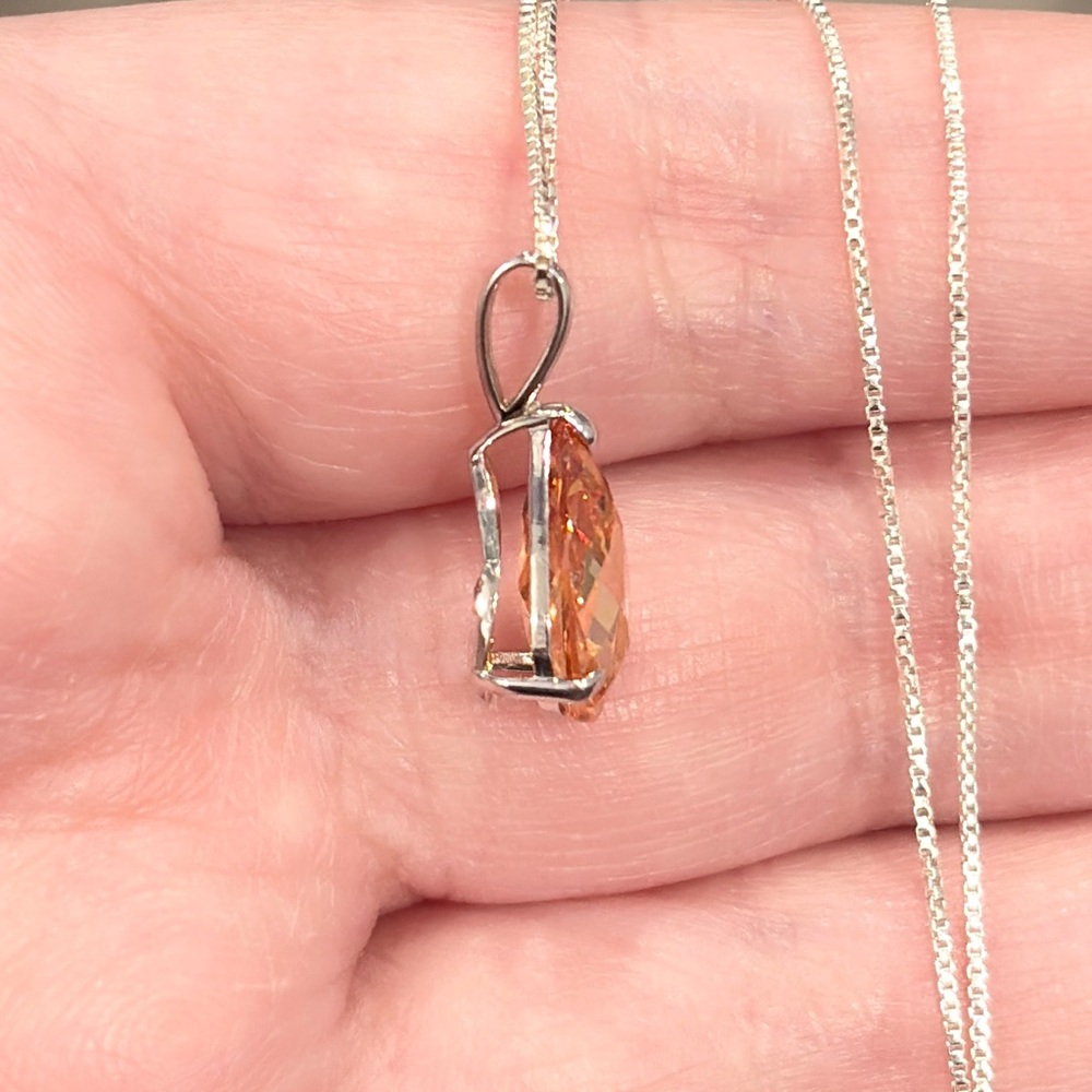 14K Citrine Teardrop Pendant, White Gold, Rose Pear Cut, Yellow Orange Cognac - Picture 14 of 16